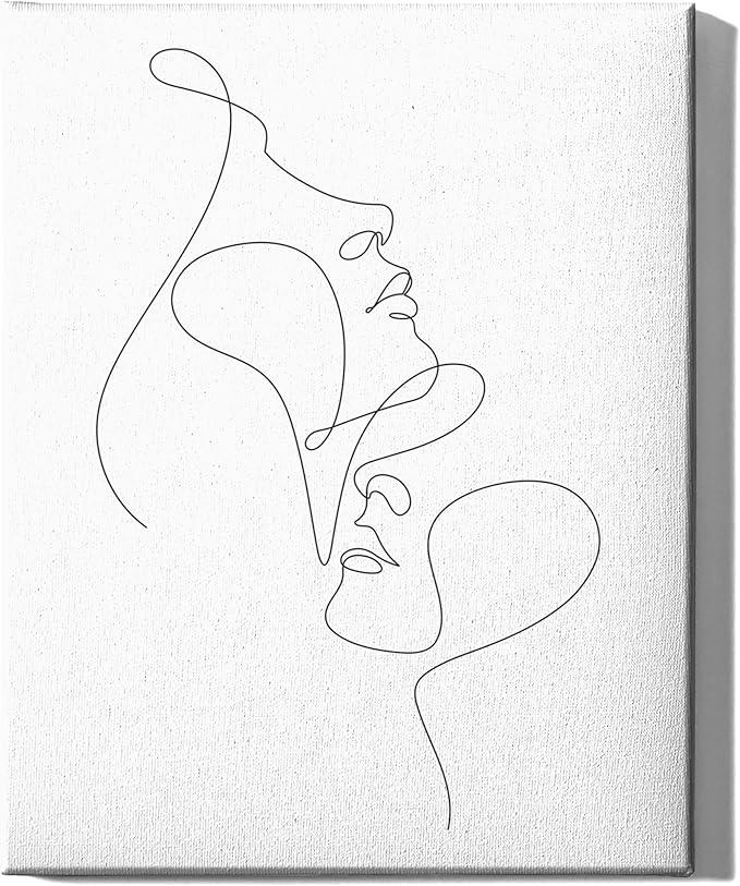 Minimalist Face to Face Wrapped Canvas Wall Art Two Portraits Continuous Line Drawing 16x20 Inch Gallery Stretched Modern Asian Home Art Decor