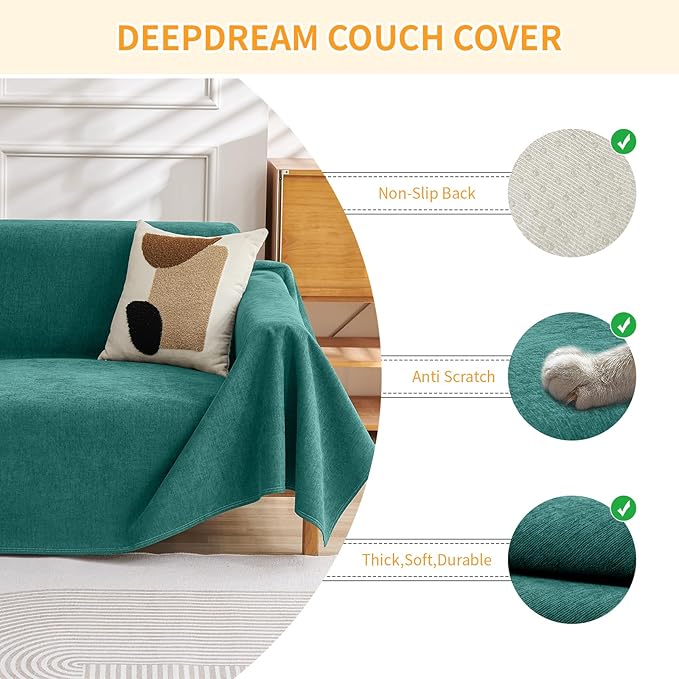 Deep Dream Cat-Scratch Resistant Couch Cover, Waterproof Sofa Cover for 3 Cushion Couch Washable, Pet Friendly Couch Protectors Anti Slip Thickened Love Seat Slipcovers for Dogs Pets,71" x 134",Green