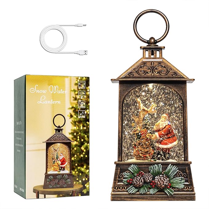 9.6" Christmas Snow Globe Lantern with Santa Claus - Water Swirling Glitter LED Light Musical Lantern with Exterior Decor - Vintage Xmas Gifts - USB Plug or Battery Operated Home Decor (Santa & Bear)