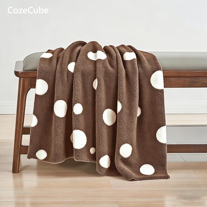 CozeCube Super Soft Fullfy Microfiber Reversible Knitted Blankets, Warm Cozy Fuzzy Plush Throw, Dark Brown and White Polka Dot Throw Blanket for Couch Bed Sofa, 60" x 80"