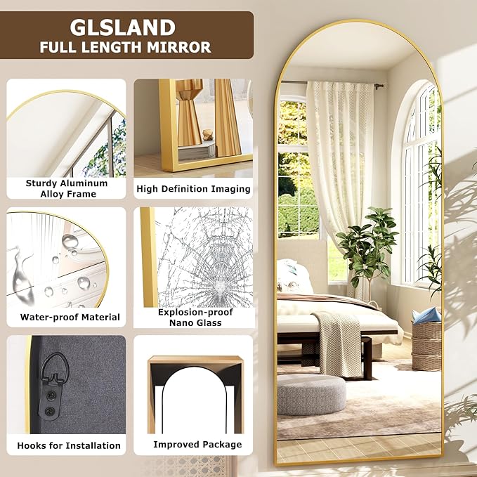 GLSLAND-21x64 inch Full Length Mirror-Aluminum Alloy Frame-Arch Mirror Full Length HD-Full Body for Bedroom or Living Room, Gold