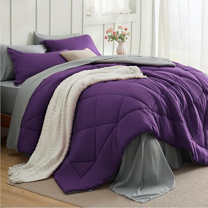 Bedsure Queen Comforter Set - 7 Pieces Reversible Purple Bedding, Queen Size Bed Set for All Seasons, Bed in a Bag with Down Alternative Comforter, Sheets, Pillowcases & Shams
