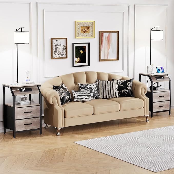 End Table with Floor Lamp, Nightstand with Charging Station, Floor Lamp Table with 3-Color Temperature Bulb, Bedside Table Night Stand with 2 Drawers for Bedroom, Living Room, Greige