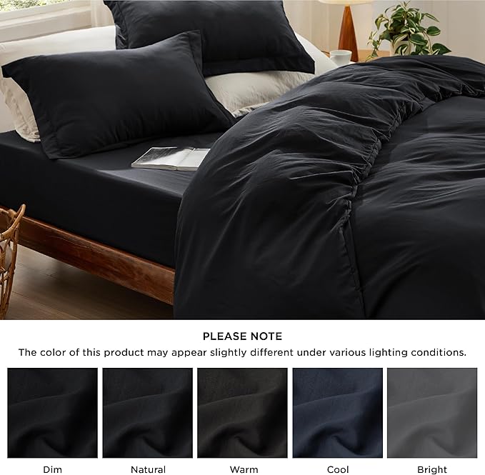 Bedsure Duvet Cover Queen Size with Fitted Sheet - 4 Pieces Prewashed Cotton-Like Extra Soft Bedding Set, Includes 1 Duvet Cover 90x90 Inches with Zipper Closure, 2 Pillow Shams, 1 Fitted Sheet, Black