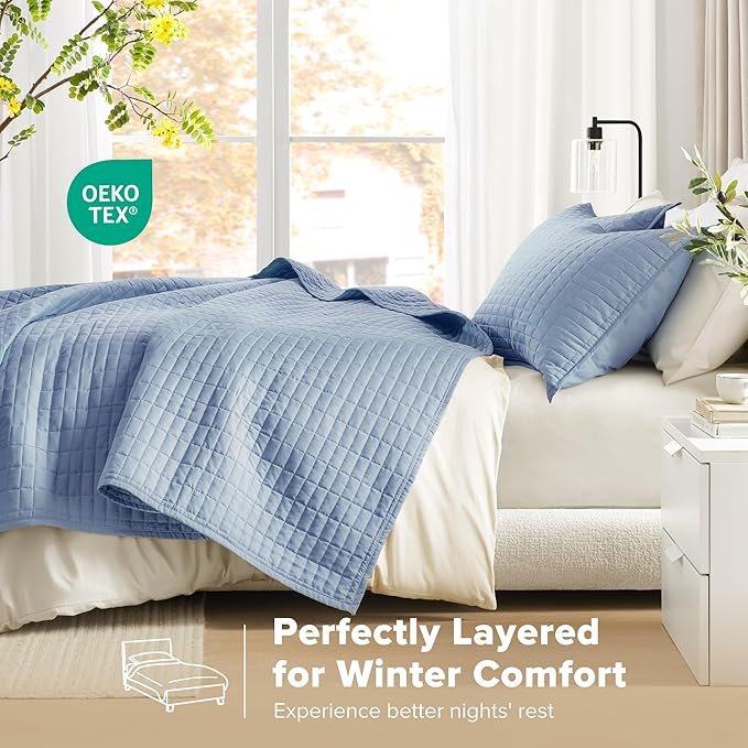 Comfort Spaces Kienna Quilt Set- Double Sided Stitching Design Summer Blanket, Lightweight, Soft, All Season Bedding Layer, Matching Sham, Blue, Coverlet Full/Queen(90"x90") 3 Piece