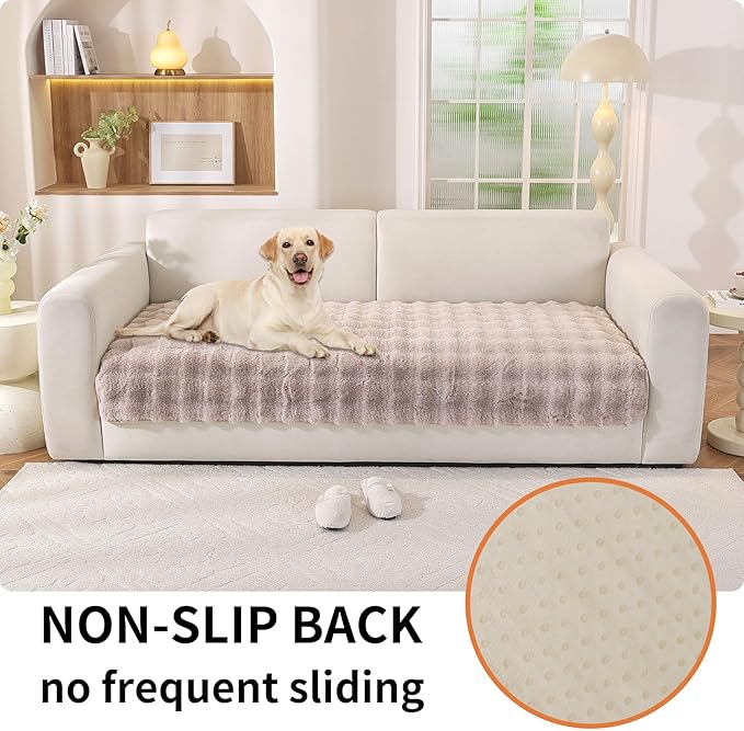 Waterproof Dog Bed Cover Non Slip Couch Cover for Dogs Washable Soft Faux Fur Sofa Cover Couch Covers for 3 Cushion Couch Sofa Pet Friendly (Khaki)