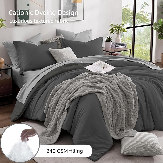 Monbix King Size Comforter Set, Dark Grey King Size Bed Set Reversible 7 Pieces, Cationic Dyeing Bed in a Bag with Comforter, Sheets, Pillowcases & Shams