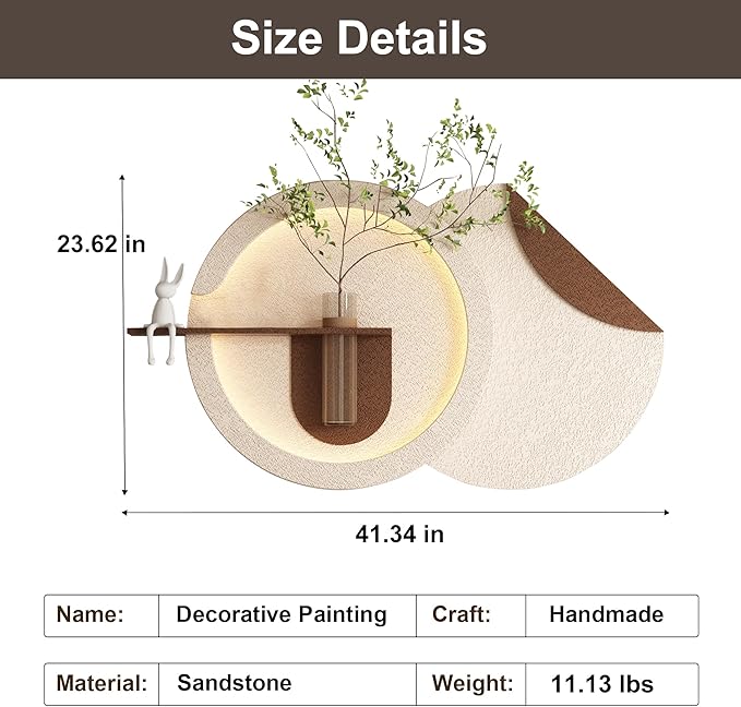 LED Sandstone Wall Decor, 3D Wall Art Sculpture, Simulated Green Plants, Glass Vase & Rabbit Statue, Remote Control 3 Color Light, for Living Room, Bedroom, Hallway(Light Coffee,41.4 * 23.6in)