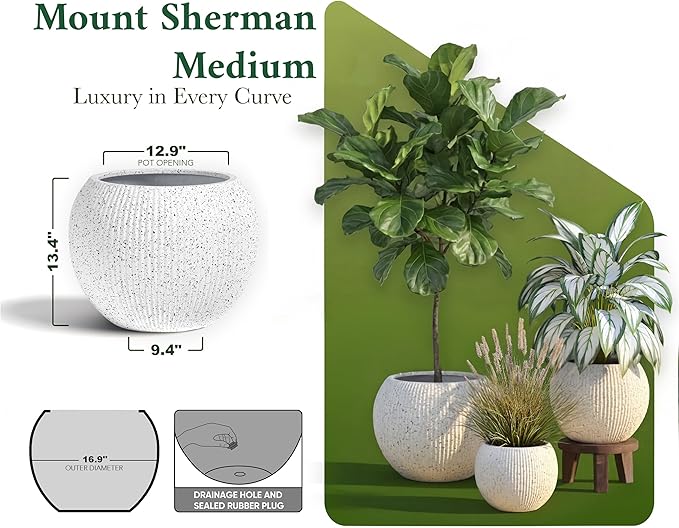 DTY Signature Mount Sherman Modern Indoor Outdoor Fiberstone Sphere Planter, Durable Round Garden Pot, Weather Resistant, Drainage Hole & Rubber Plug (Ribbed White, Medium)