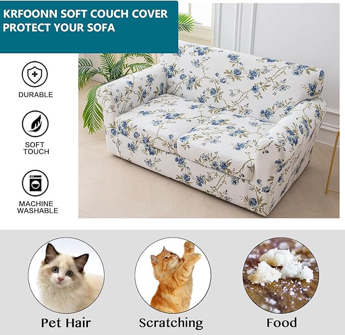 KRFOONN 3 Piece Printed Couch Cover for 2 Cushion Couch Stretch Sofa Loveseat Slipcover with 2 Separate Seat Cushion Covers Furniture Protector with Elastic Bottom for Living Room (Loveseat, 51)