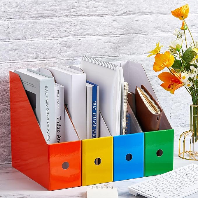 Thenshop 24 Pcs Cardboard Magazine File Holders Magazine Book Bin Box with Label Sticker Paper Organizer Storage Folder for Desk Shelves School Classroom Office Supplies(Classic,Colorful)