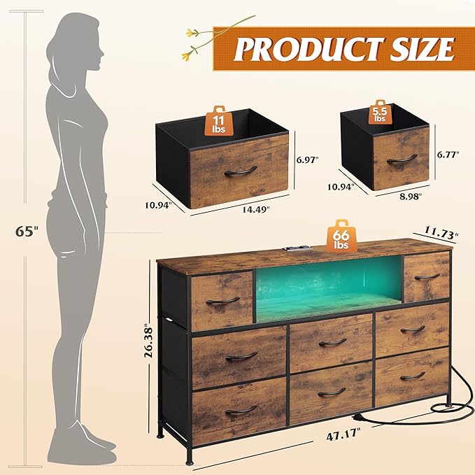WLIVE Dresser TV Stand for 45, 50, 55 inch TV, Entertainment Center with LED Lights & Charging Station, Chest of Drawers with 8 Fabric Drawers and Open Shelves for Living Room, Hallway, Rustic Brown