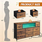 WLIVE Dresser TV Stand for 45, 50, 55 inch TV, Entertainment Center with LED Lights & Charging Station, Chest of Drawers with 8 Fabric Drawers and Open Shelves for Living Room, Hallway, Rustic Brown