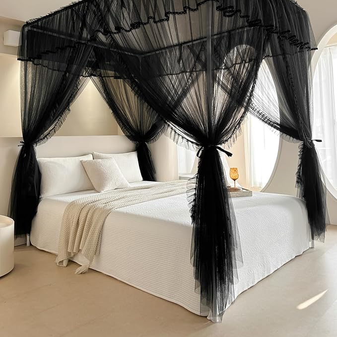 AIKASY 4 Corners Post Ruffle Princess Bed Canopy Curtain - Double Layer Cozy Drape Netting with 4 Openings - Elegant Mosquito Net for Girls and Adults Bedroom Decoration (Black, Queen)