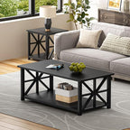 GreenForest Coffee Table with Round Corner, Farmhouse Center Table with 2-Tier Storage Shelf X-Frame Design for Living Room, 39 inch Black