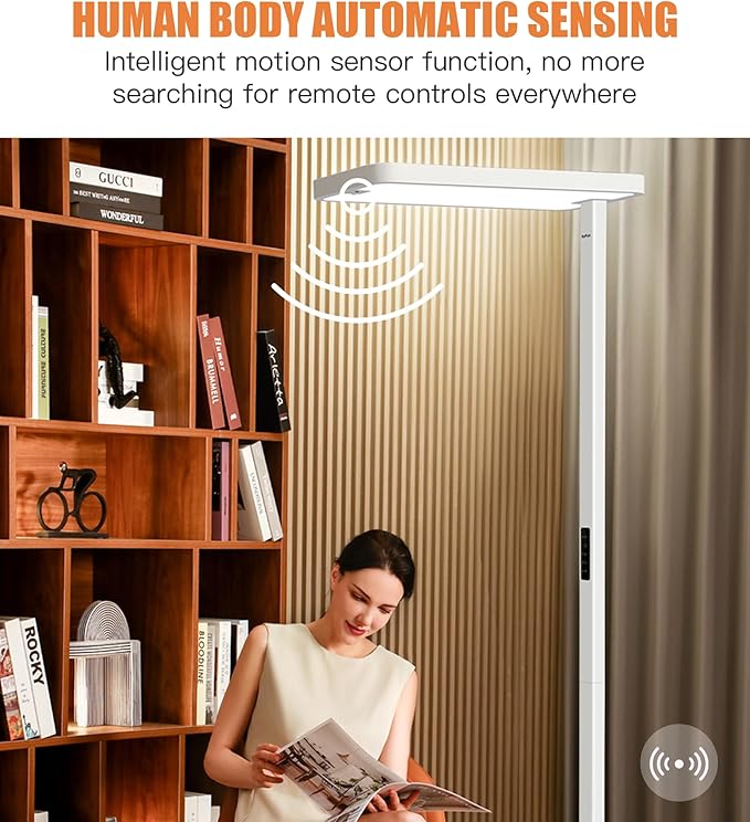 Pure Light Floor Lamp 9500LM Full Spectrum, 4000K Natural Daylight Eye-Care Reading Light, Dimmable 100W Standing Lamp with Motion Sensor for Home Office, 60000+ Hours