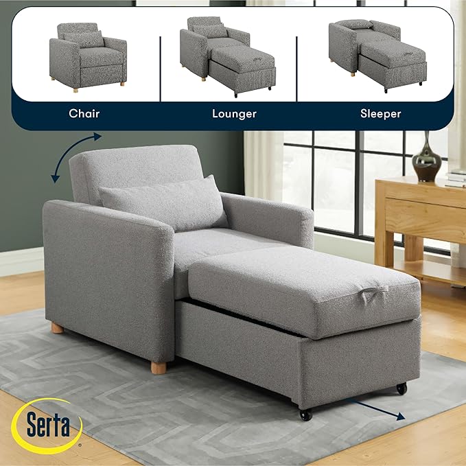 Serta® Corwin 36" Convertible Accent Chair, Dreamcoil® Comfort, FingerGuard® Pinch Point Protection, Polyester Boucle Fabric, Gray