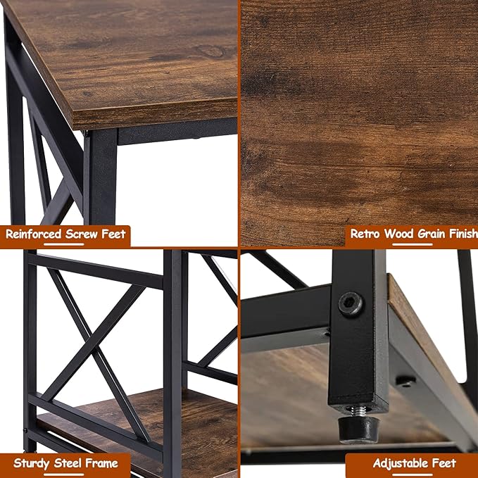 Industrial End Table with 2-Tier Storage Shelf, 18'' Square Side Table with X-Design Metal Frame, Rustic Brown Nightstand Bedside for Living Room Bedroom