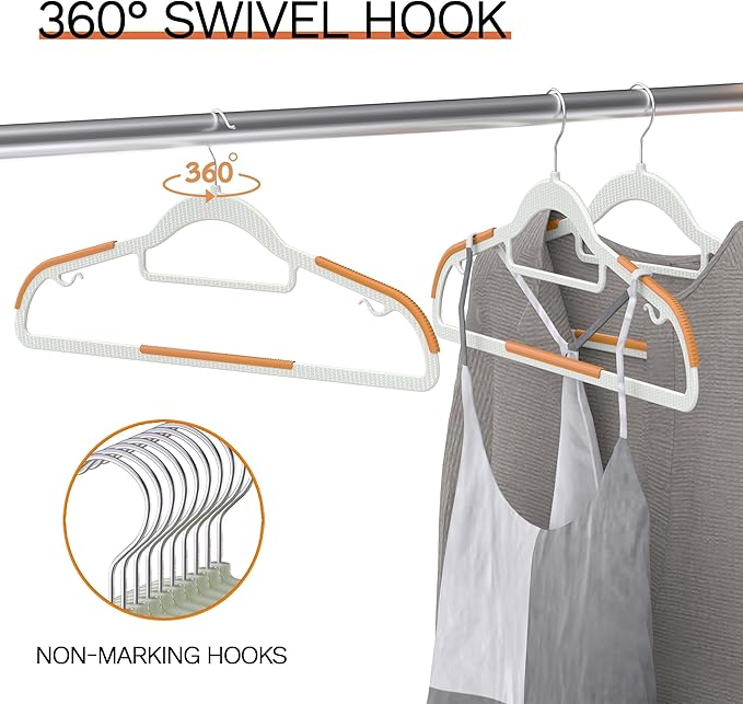 40 Pack Heavy Duty Plastic Hangers, Non Slip Clothes Hangers with Rubber Pads and 360° Hook - Thin Space Saving Hanger, Closet Organizer for Shirt, Pants, Suit, Skirt, Coat - Orange
