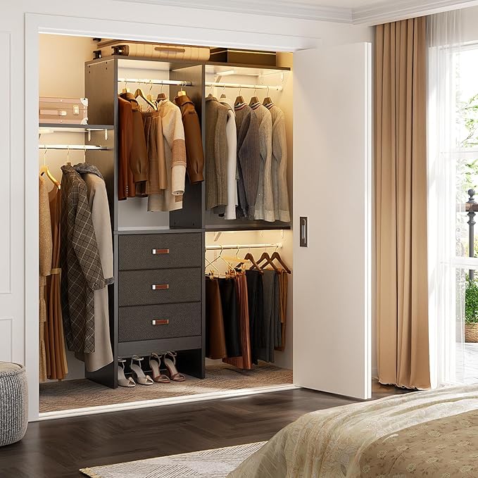 Armocity 5FT Small Closet System with 3 Fabric Drawers, 60 Inches Walk In Closet Organizer System With 3 Adjustable Shelves, Heavy Duty Clothes Rack Built-In Garment Rack, 59" L x 16" W x 71" H, Black