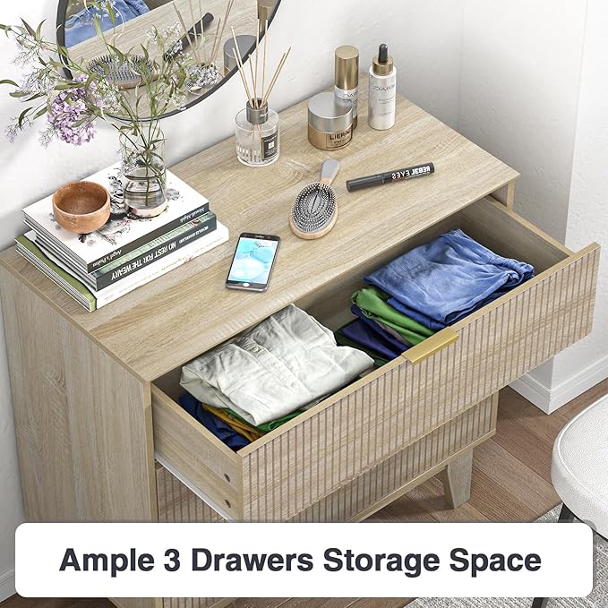 Anmytek 3 Drawer Dresser for Bedroom, Modern Closet Dressers Chest of Drawers, Wood Tall Dresser Storage Dresser Large Nightstand for Bedroom Living Room Hallway Closet, H0113