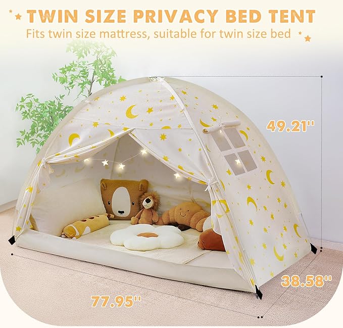 Twin Bed Tent for Kids, Twin Size Bed Canopy with Star Lights, Privacy Space Blackout Sleeping Tents, Indoor Breathable Portable Bunk Bed Tent for Boys and Girls, Light Moon & Stars
