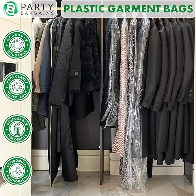 Party Bargains 72x20 Inch Clear Plastic Garment Bags, 100 Pack