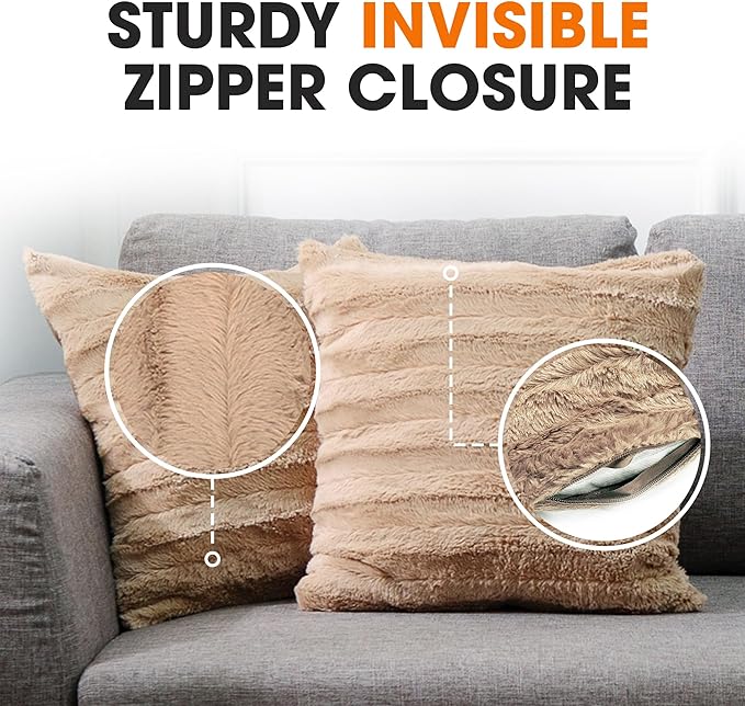 Cheer Collection Faux Fur Throw Pillows - Decorative Pillows for Couch, Bed Throw Pillows, Sand Accent Pillows for Bedroom or Living Room Aesthetic, Set of 2 Furry Throw Pillows, 22" x 22"