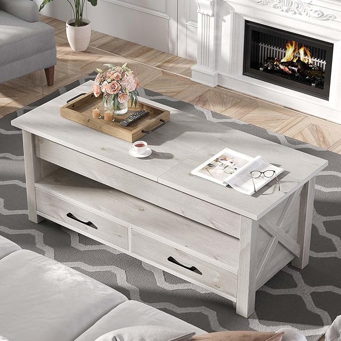 Seventable Coffee Table, 39.3" Lift Top Coffee Table with 2 Storage Drawers and Hidden Compartment, Retro Center Table with Wooden Lift Tabletop for Living Room, Gray