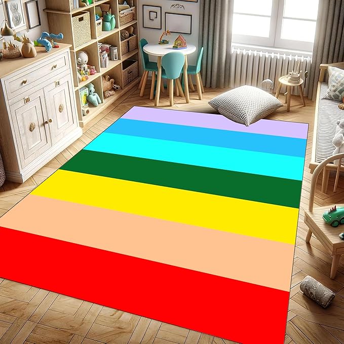 Soft Rainbow Area Rugs Girl's Bedroom Fluffy Colorful Rugs Furry Kids Play Mats Simple Rainbow Line Print Living Room Kids Room Nursery Home Decor 4x5ft
