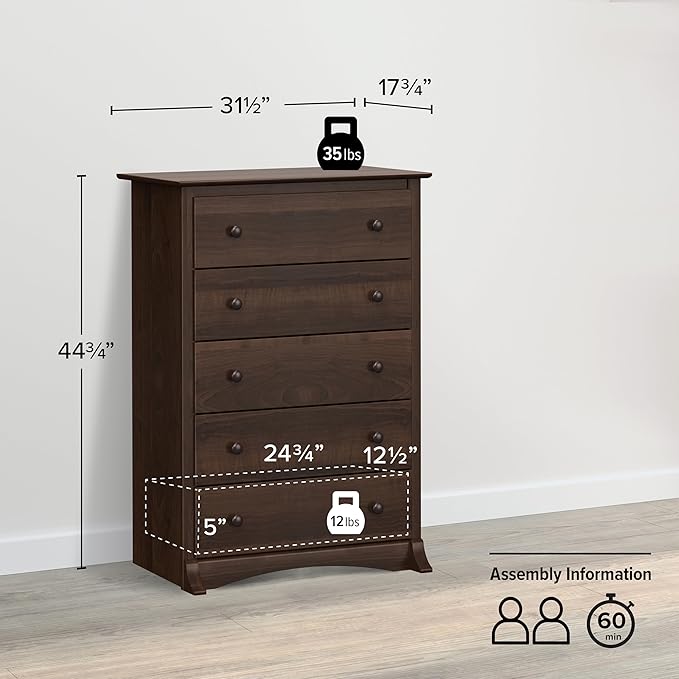 Prepac Sonoma Superior 5-Drawer Dresser for Bedroom - Spacious and Stylish Chest of Drawers, Measuring 17.75"D x 31.5"W x 44.75"H, In Espresso Finish