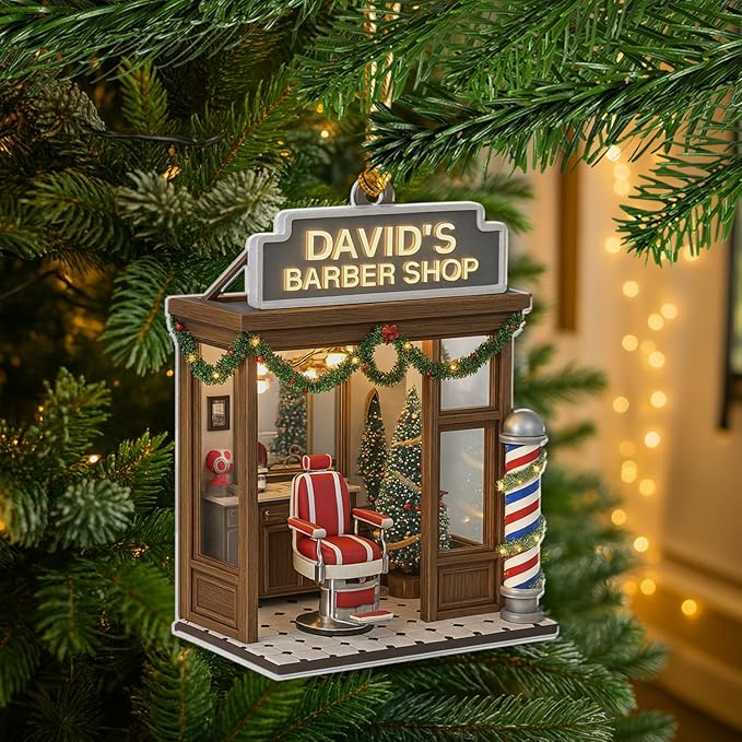 Personalized Barber Shop Christmas Ornament 2025, Flat Acrylic Custom Name Ornament, for Hairdresser, Stylist Keepsake, Hair Salon Tree Decoration