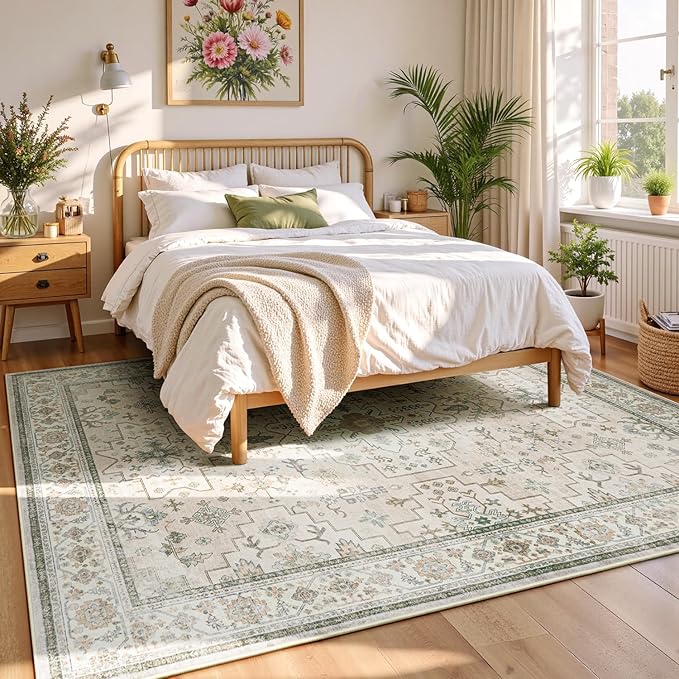 Lessymo Farmhouse Washable 8x10 Area Rugs for Living Room, Bedroom, Dining Room Rug for Under Table, Home Office, Non-Slip Stain Resistant Vintage Floral Large Carpet, Beige Brown