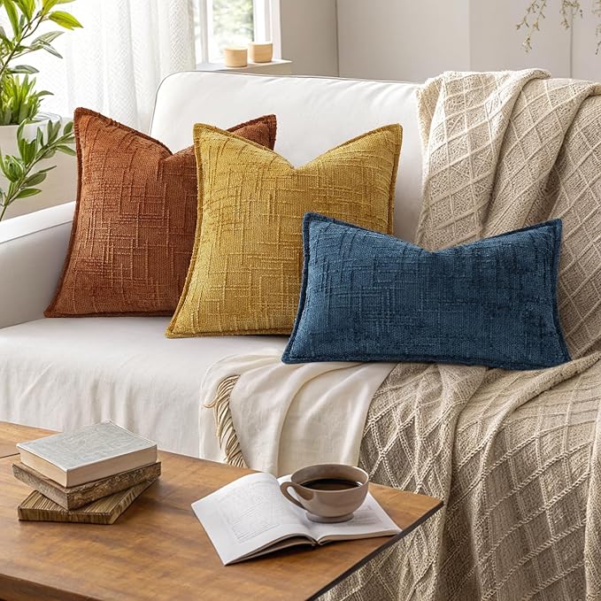 decorUhome Chenille Throw Pillow Covers 12x20 Set of 2, Thick Textured Slubby Neutral Decorative Pillow Covers with Elegant Design for Couch, Sofa, Living Room, Rust