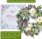 Lambs Ear Wreaths for Front Door Year Round Outside, 20'' Artificial Spring Summer Wreath with Peony Buffalo Bow Green Handmade Farmhouse Home Decor