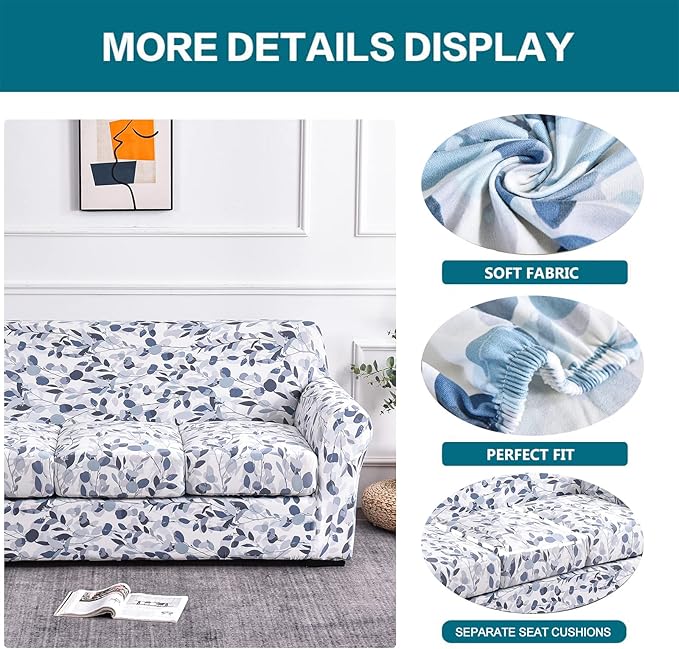 KRFOONN 4 Piece Stretch Sofa Couch Covers for 3 Cushion Couches Printed Sofa Slipcover with 3 Separate Seat Cushion Covers Washable Sofa Slip Covers Furniture Protector for Pets Kids (Large, 12)