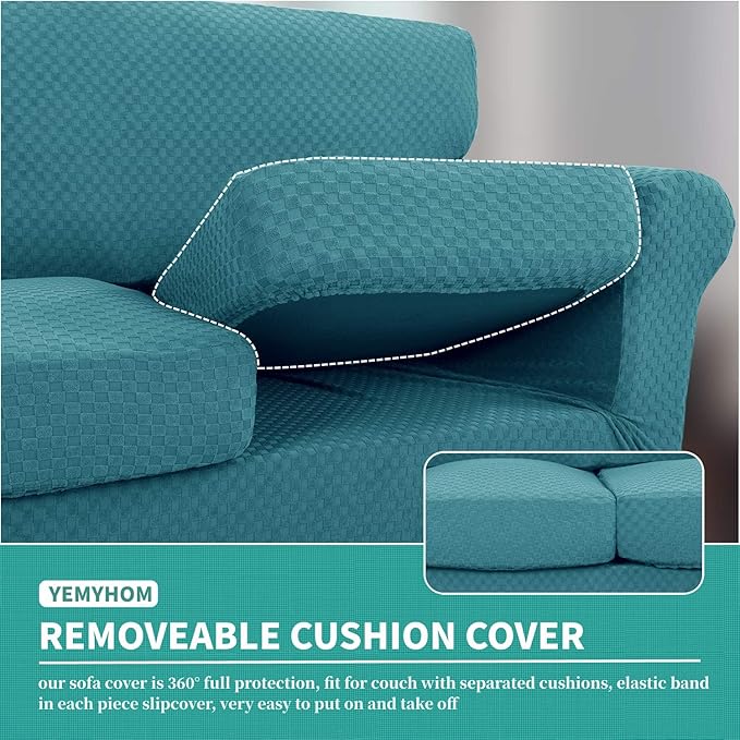 YEMYHOM Latest Checkered 3 Pieces Couch Covers for 2 Cushion Couch High Stretch Thickened Love Seat Sofa Cover for Dogs Pets Anti Slip Elastic Loveseat Slipcover Protector (Teal), 55"-69"(2 Cushions)