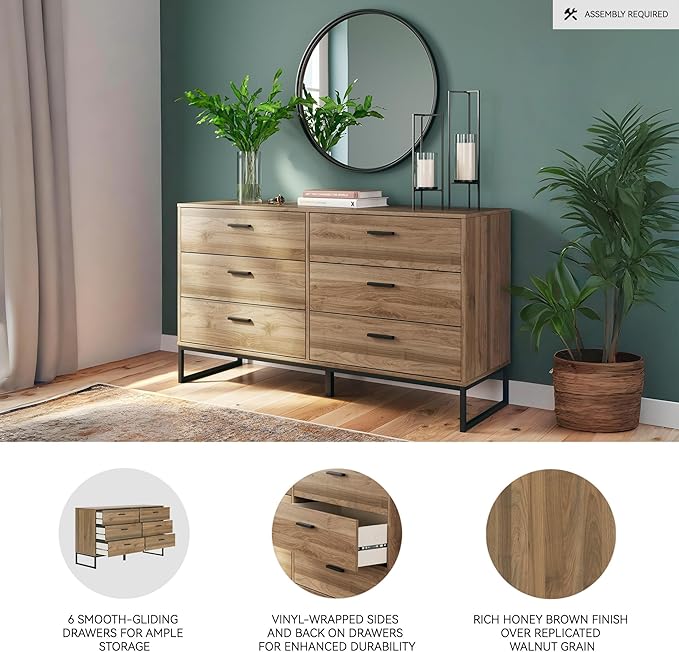 Signature Design by Ashley Deanlow Mid-Century Modern 6 Drawer Dresser with Safety Stop for Bedroom, Light Brown & Black