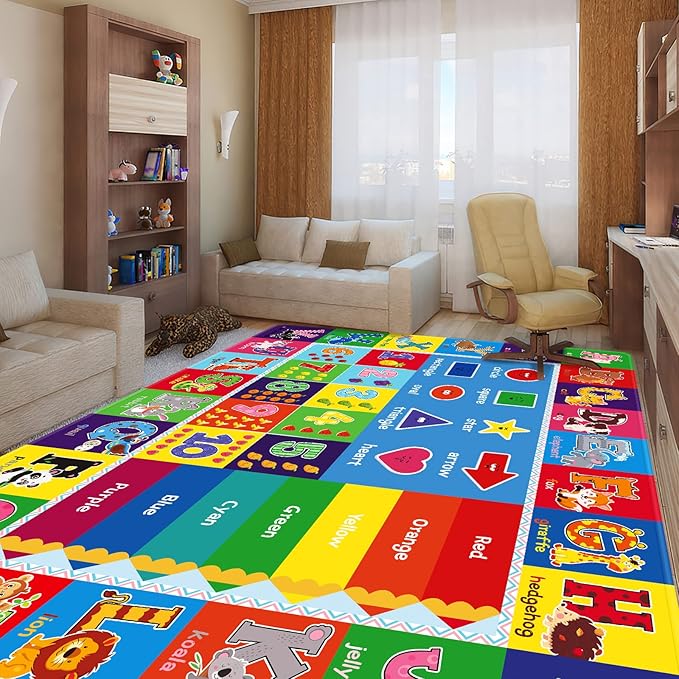 Kids Play Rug for Playroom, ABC Educational Rugs for Classroom, Preschool Floor Play Mat for Kids Toddler Baby, Large Soft Kid Rug Carpet for Boy Girl Bedroom(110X78.7 INCH Blue)