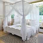 AIKASY Elegant Lace Princess 4-Poster Bed Canopy Mosquito Net - Romantic Wedding Bridal Bedroom Decor, Kids Room Bed Curtain for Women Adults - (White1,Full)