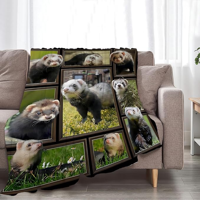 Cute Ferret Blanket for Women Girls Boys Men Funny Animal Ferrets Throw Blanket Plush Cozy Flannel Fleece Ultra Soft Fuzzy Blankets Gifts 60"X50"