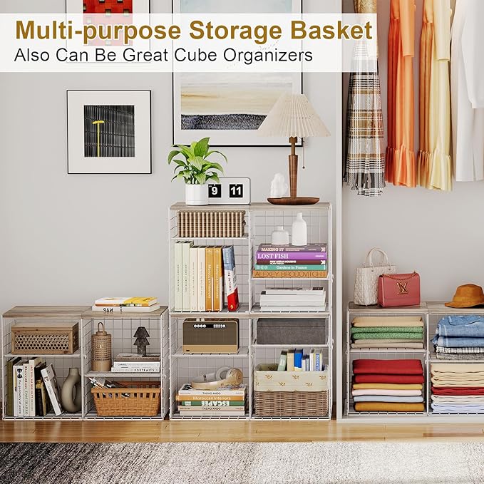 2 Pack Closet Shelf Organizer, Closet Organizers and Storage Shelves With Adjustable Dividers, Stackable Storage Bins Baskets For Clothes Sweaters Jeans Jackets, With Wooden Board, 8 Compartments