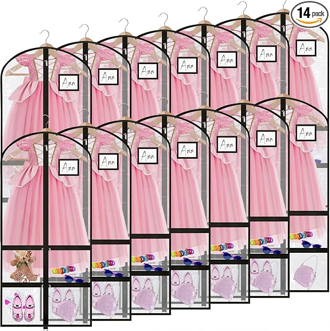 14 Pcs Garment Bags for Dance Costumes Clear PVC with Zippers 24 x 50 Inch Suits Bag with Pockets Dance Costume Organizer Carrier for Storage Cover for Adult (Fully Transparent Black,Classic)