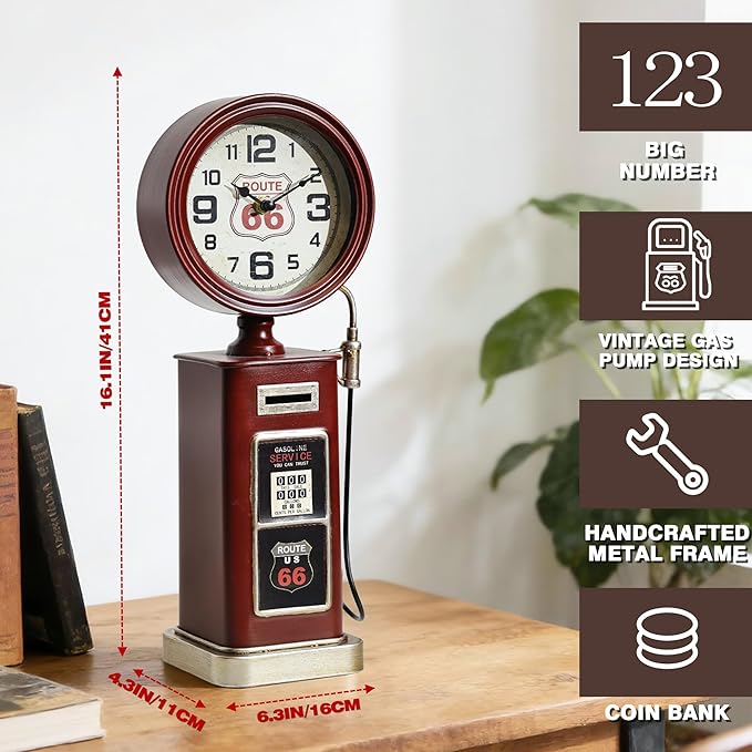 AYRELY® 16" Vintage Industrial Gas Pump Mantel Clock, Battery Operated Metal Clock Route 66 Decor,Retro Mechanical Decorative Clock Gifts for Home,Living Room,Fireplace, Man Cave Decor