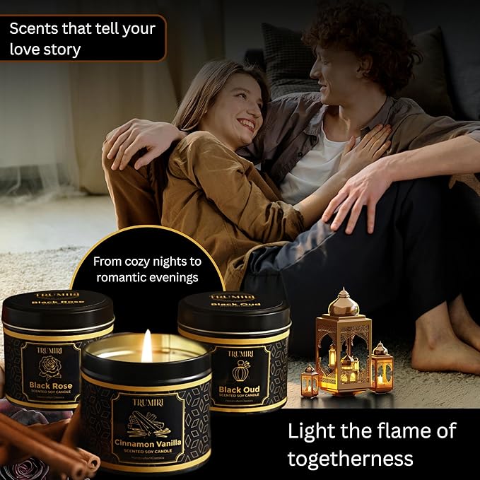 Candle Gift Set of 3 Black Oud|Cinnamon Vanilla|Black Rose Strong Scented Soy Candels Clean Non Toxic Velas Aromáticas Favors for Women Coworkers Friends Guests Also for Diwali Christmas Holidays