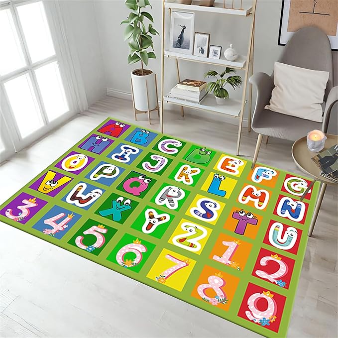 Kids Area Rug English Characters ABC and Math Symbols Learning Carpets, Cute Cartoon Colored Washable Foldable Door Mat in Predominantly Cyan Colors Ideal for Living Dining Room Bedside, 4x5ft
