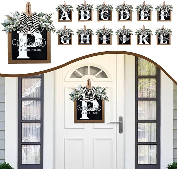 Ultra Large 14'' Last Name All Year Round Front Door Wreath with 26 Initial Letter Welcome Sign All Seasons Eucalyptus Garland and Bow Wreaths for Front Door Porch Farmhouse Decoration (P)