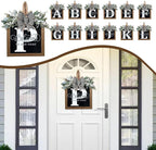Ultra Large 14'' Last Name All Year Round Front Door Wreath with 26 Initial Letter Welcome Sign All Seasons Eucalyptus Garland and Bow Wreaths for Front Door Porch Farmhouse Decoration (P)