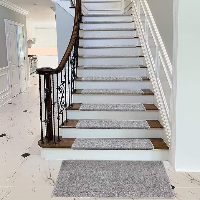 PURE ERA Bullnose Carpet Stair Treads Set Tape Free Non-Slip Indoor Stair Protectors Pet Friendly Rugs Covers Soft Skid Resistant Washable Reusable 9.5" x 30"(14 Pieces,Light Gray)