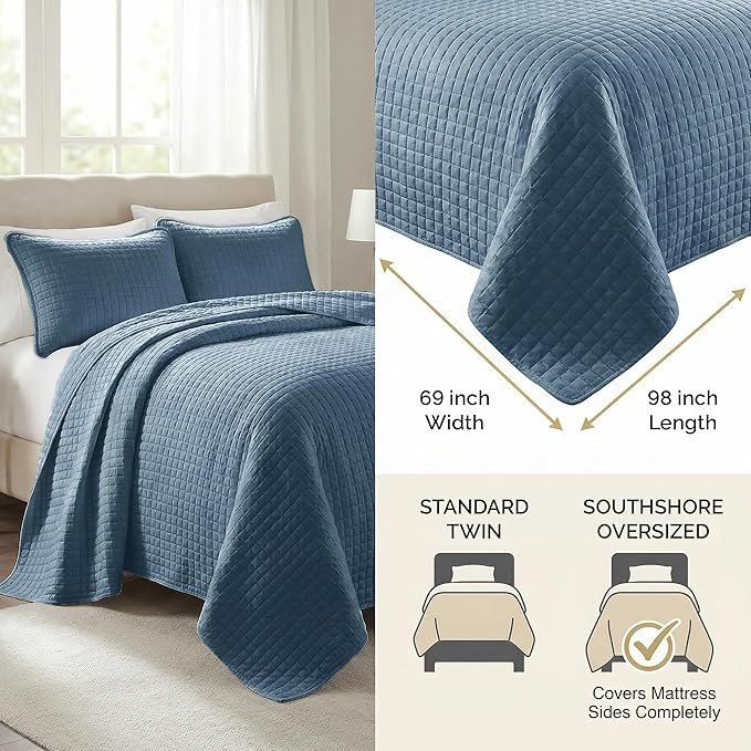 Southshore Fine Living, Inc. Twin Size Quilts, Microfiber Quilt, Lightweight Bedspread & Coverlet Sets, Pet Hair Resistant Bedding, XLTwin Quilt Coverlet with Pillow Sham, Coronet Blue Bedding